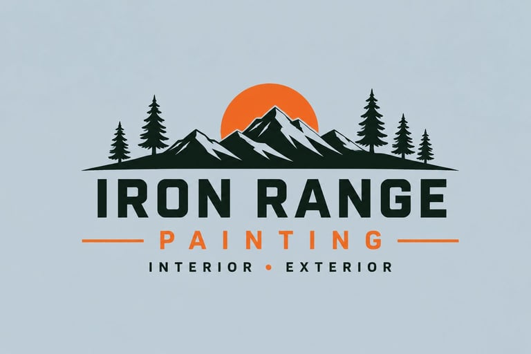 Iron Range Painting logo featuring mountains, trees, and orange sun with text for interior and exterior services