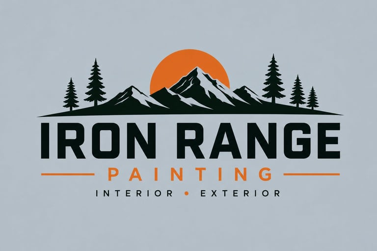 Iron Range Painting logo featuring mountain peaks with orange sun and evergreen trees above text reading Interior Exterior on light blue background